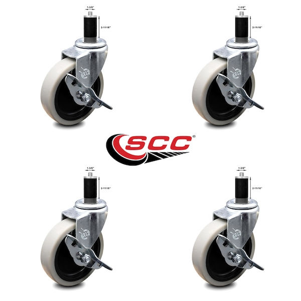 4 Inch Thermoplastic Wheel 1-3/8 Inch Expanding Stem Caster with Brakes, 4PK